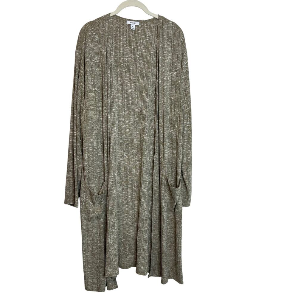 Nine West Womens Duster Length Cardigan Size XL Sable Beige Ribbed Knit Pockets